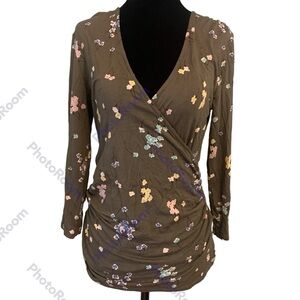 Boden green white floral V-Neck faux wrap blouse shirt ladies size 8 R